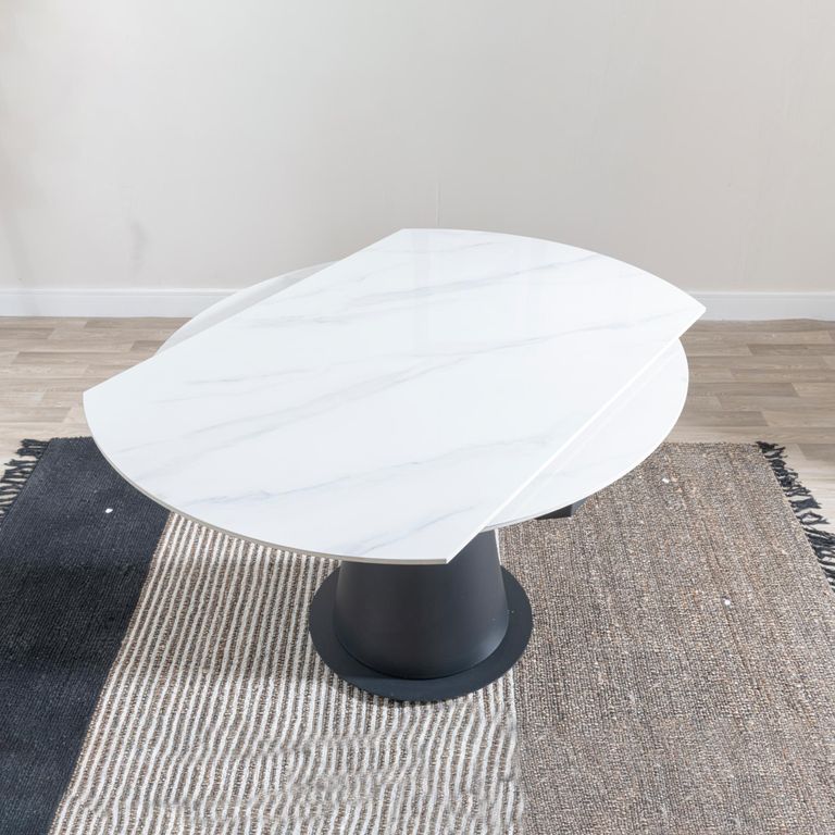 Carrara Round Dining Table - 4 Seater - 135cm - White Ceramic - Swivel Motion Extending - Black Pedestal Base