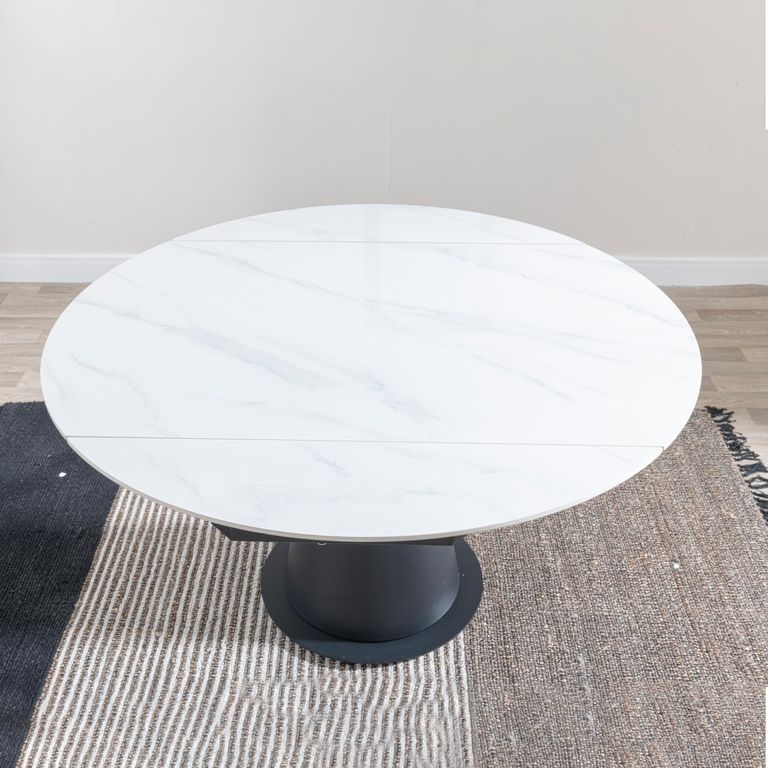 Carrara Round Dining Table - 4 Seater - 135cm - White Ceramic - Swivel Motion Extending - Black Pedestal Base