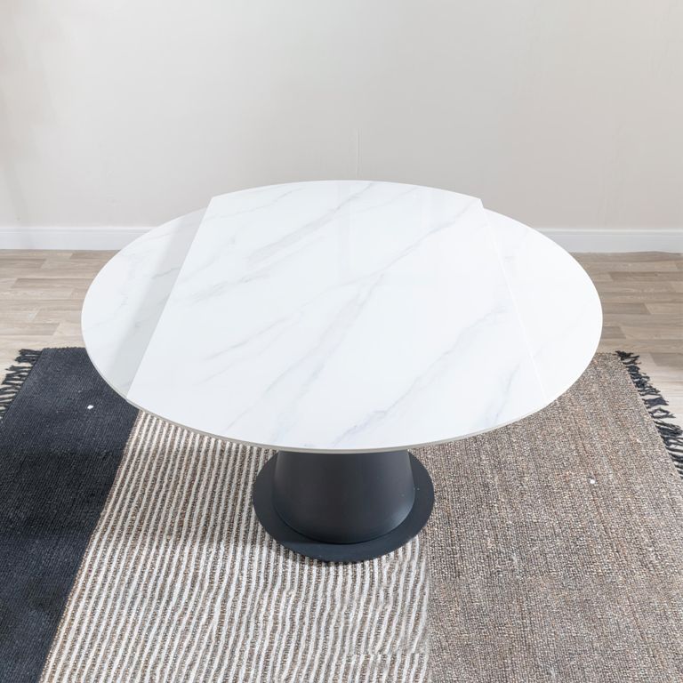 Carrara Round Dining Table - 4 Seater - 135cm - White Ceramic - Swivel Motion Extending - Black Pedestal Base