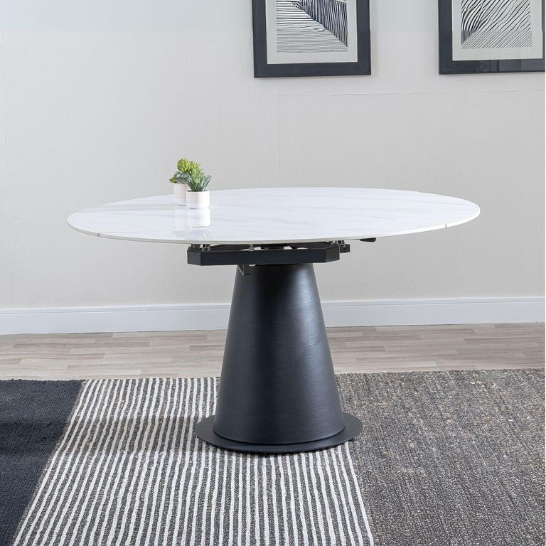 Carrara Round Dining Table - 4 Seater - 135cm - White Ceramic - Swivel Motion Extending - Black Pedestal Base