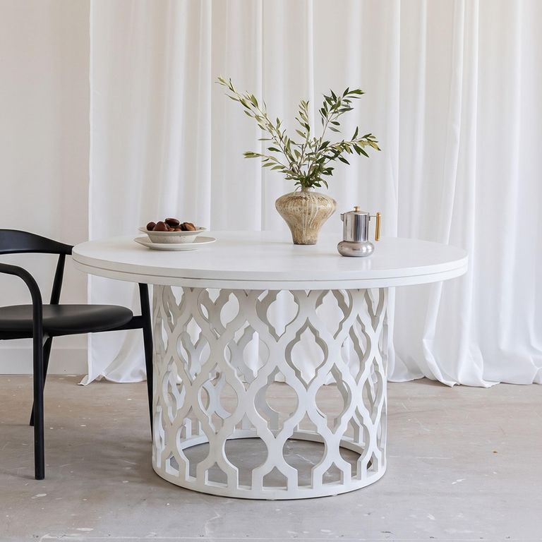 Clearance - Boho Round 6 Seater 140cm Dining Table White Carved Wood