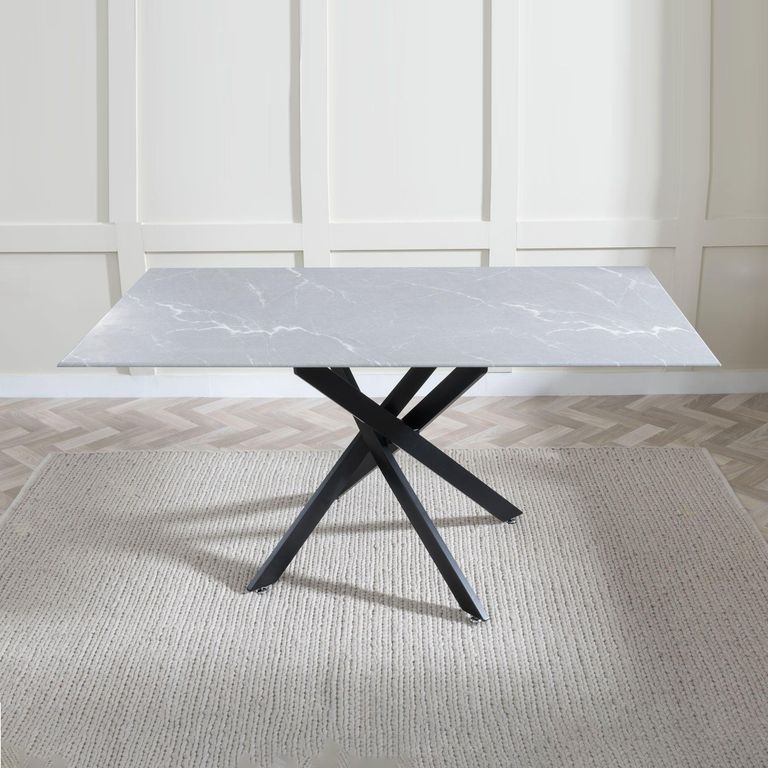 Clearance - Chopstick 6 Seater Grey Glass Dining Table with Black Metal Legs - 150cm