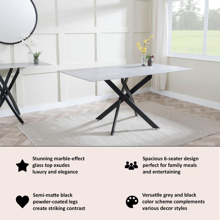 Clearance - Chopstick 6 Seater Grey Glass Dining Table with Black Metal Legs - 150cm