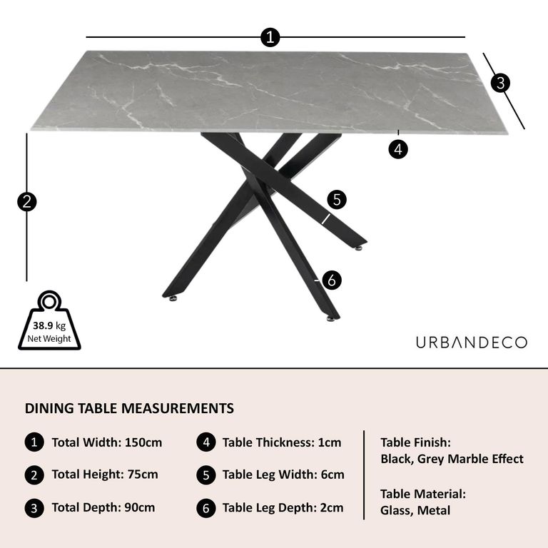Clearance - Chopstick 6 Seater Grey Glass Dining Table with Black Metal Legs - 150cm