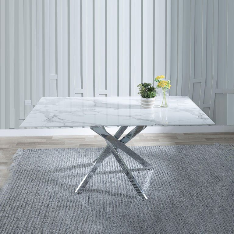 Clearance - Chopstick 6 Seater White Glass Dining Table with Chrome Metal Legs - 150cm