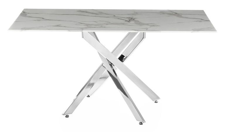 Clearance - Chopstick 6 Seater White Glass Dining Table with Chrome Metal Legs - 150cm