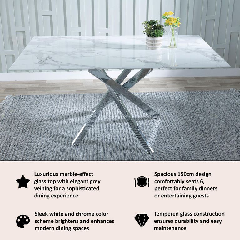 Clearance - Chopstick 6 Seater White Glass Dining Table with Chrome Metal Legs - 150cm