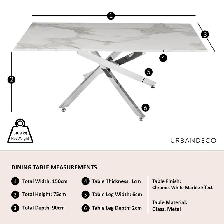 Clearance - Chopstick 6 Seater White Glass Dining Table with Chrome Metal Legs - 150cm