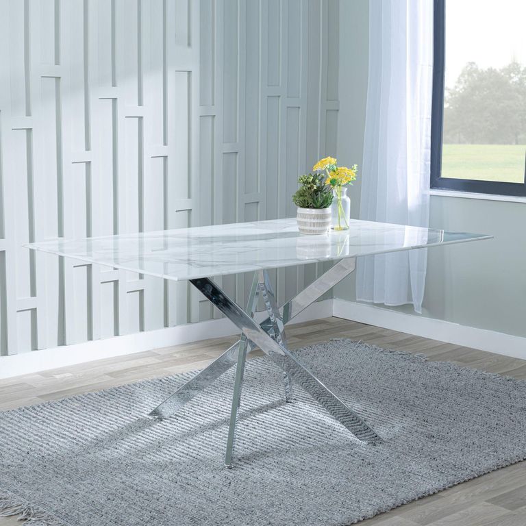 Clearance - Chopstick 6 Seater White Glass Dining Table with Chrome Metal Legs - 150cm