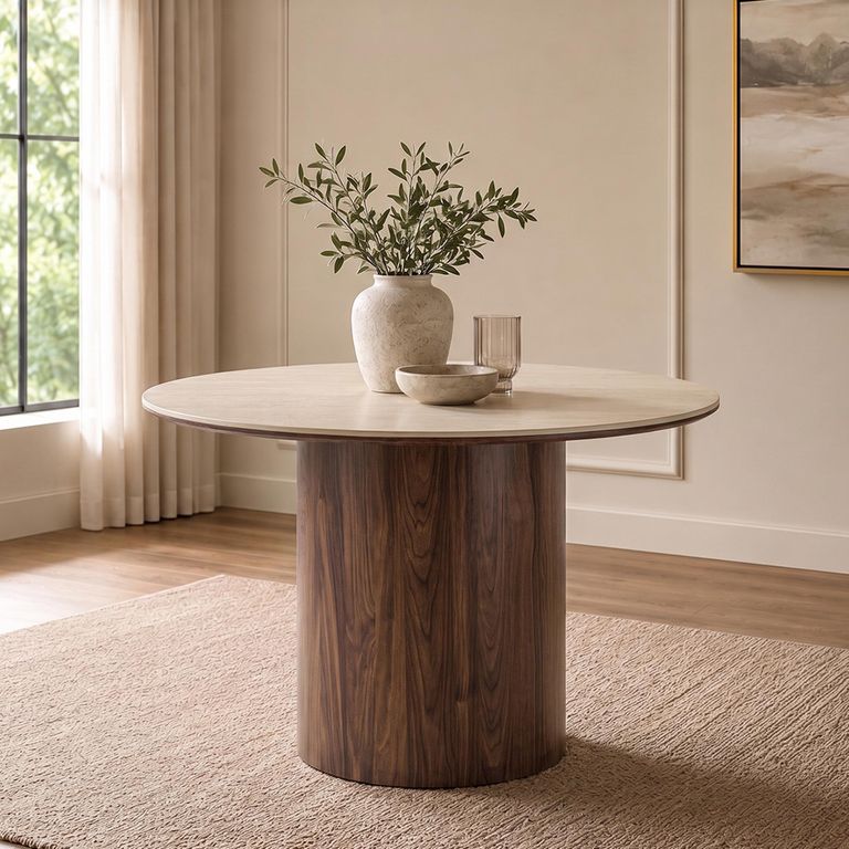Delphi Dining Table - 120cm - 4 Seater - Round - Pedestal Base - Dark Brown - Ceramic and Wooden