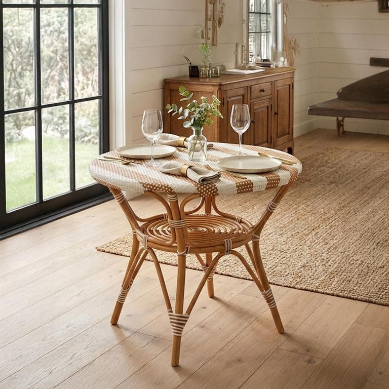 Dining Table - 90cm - 2 Seater - Round - Beige and White - Rattan and Bamboo Wood