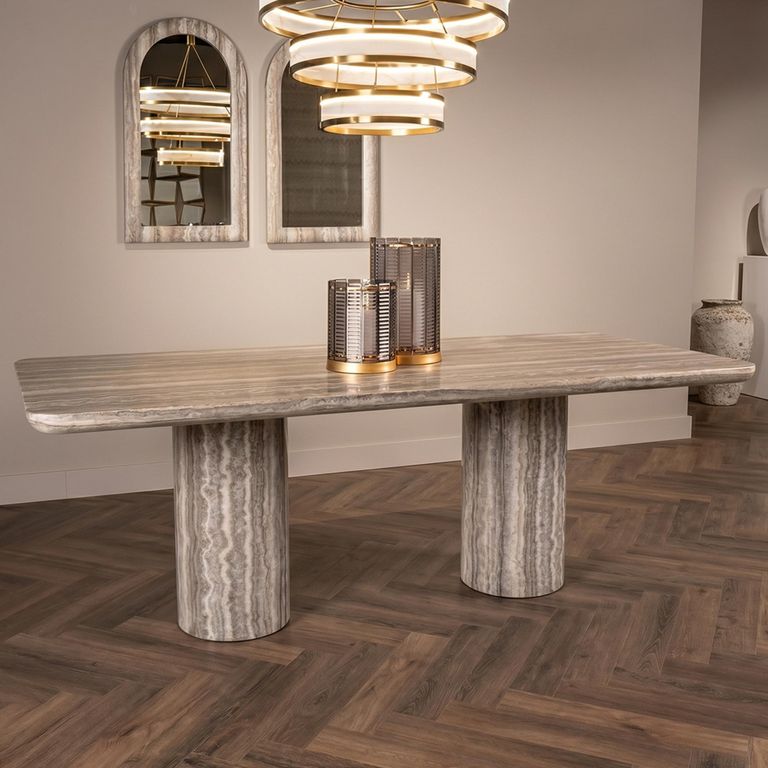 Dulce Dining Table - 225cm - 10 Seater - Double Pedestal - Grey - Marble