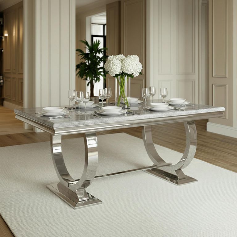 Glacier Dining Table - Grey Marble & Chrome - Sizes Available