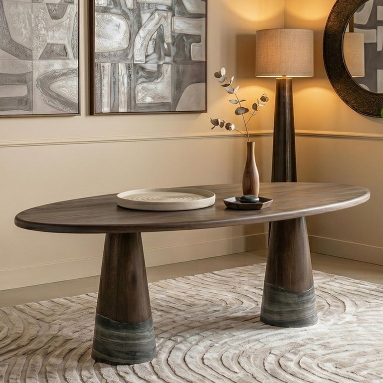 Harper Dining Table - 230cm - 10 Seater - Oval - Double Pedestal - Smoked Charcoal - Oak