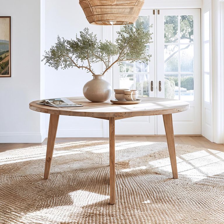Hugo Dining Table - 160cm - 8 Seater - Round - Tapered Legs - Natural - Teak Wood
