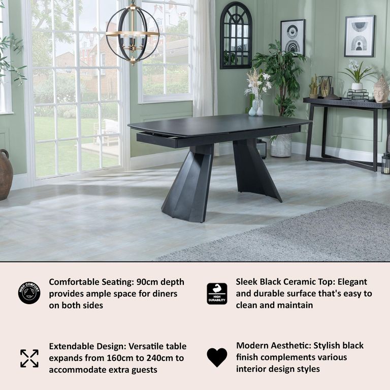 Kinston Dining Table - 6-12 Seater - 160cm-240cm - Black Ceramic - Extending