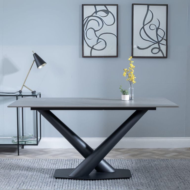 Maldon Dining Table - 6 Seater - 160cm - Grey Ceramic - Black V Base