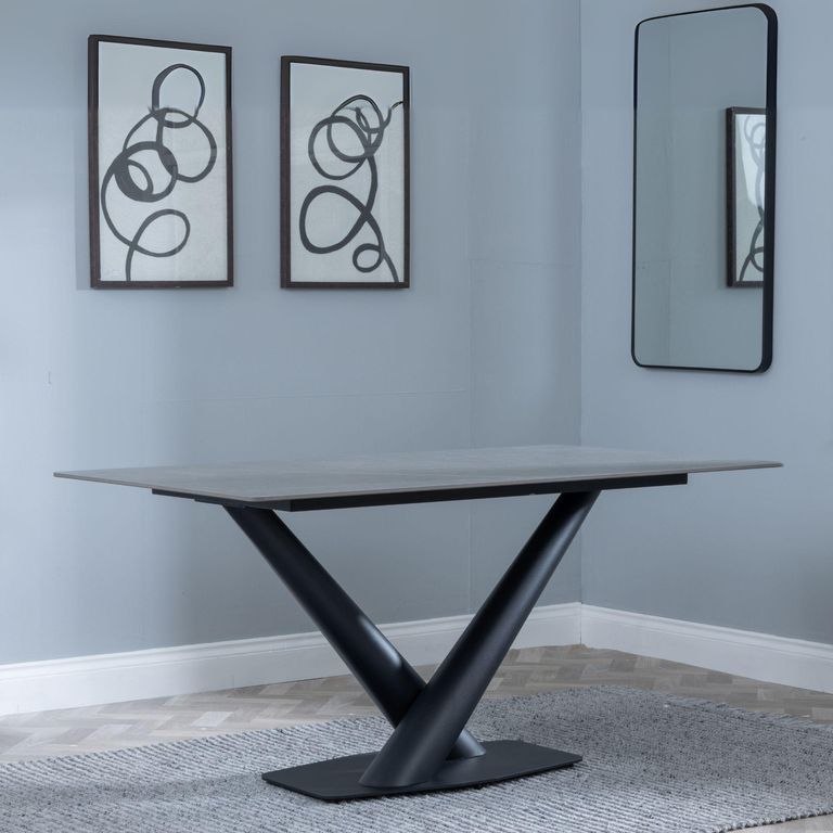 Maldon Dining Table - 6 Seater - 160cm - Grey Ceramic - Black V Base