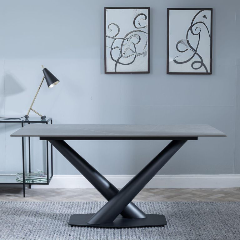 Maldon Dining Table - 6 Seater - 160cm - Grey Ceramic - Black V Base