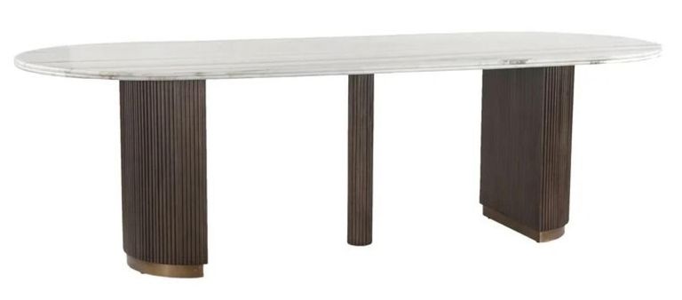 Mayfield White Marble Top 10 Seater Oval Dining Table - Dark Wood Fluted Pedestal Base