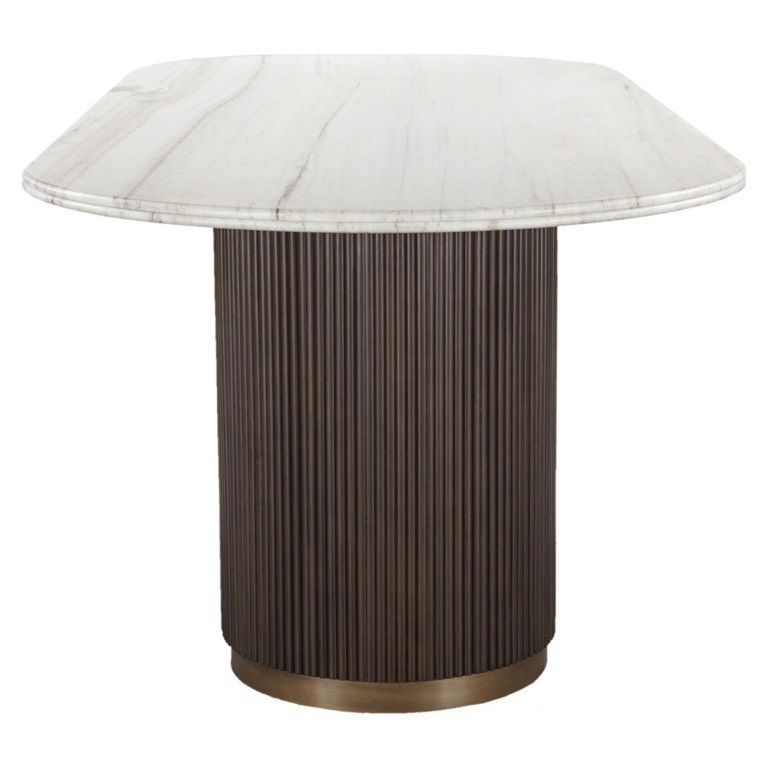 Mayfield White Marble Top 10 Seater Oval Dining Table - Dark Wood Fluted Pedestal Base