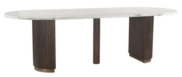 Mayfield White Marble Top 10 Seater Oval Dining Table - Dark Wood Fluted Pedestal Base