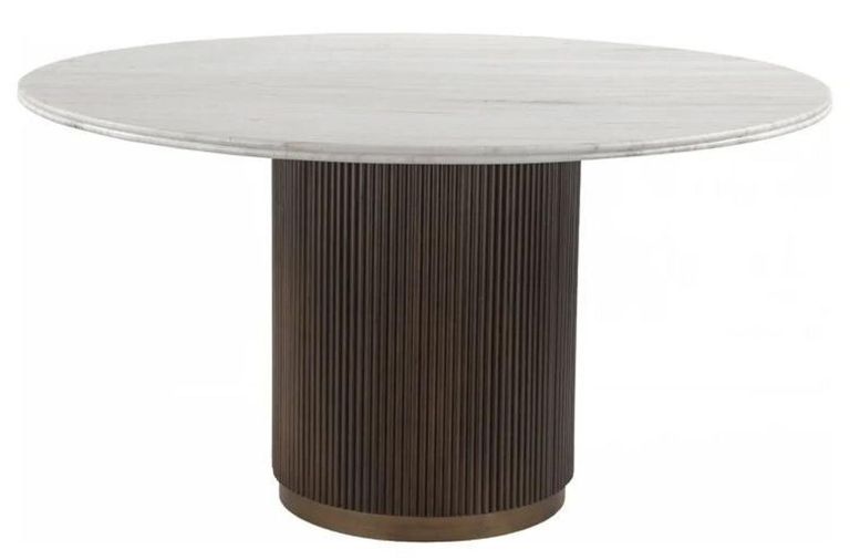 Mayfield White Marble Top 6 Seater Round Dining Table - Dark Wood Fluted Pedestal Base