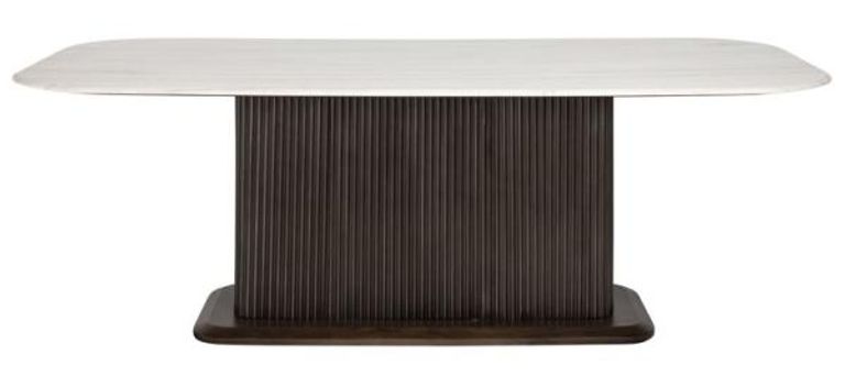 Mayfield White Marble Top 8 Seater Dining Table - Dark Wood Fluted Pedestal Base