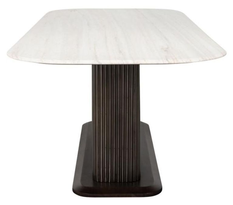 Mayfield White Marble Top 8 Seater Dining Table - Dark Wood Fluted Pedestal Base