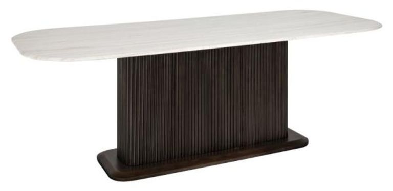 Mayfield White Marble Top 8 Seater Dining Table - Dark Wood Fluted Pedestal Base
