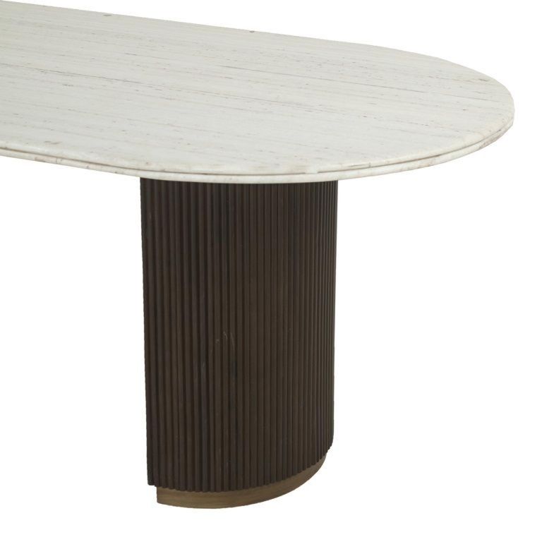 Mayfield White Marble Top 8 Seater Oval Dining Table - Dark Wood Fluted Pedestal Base