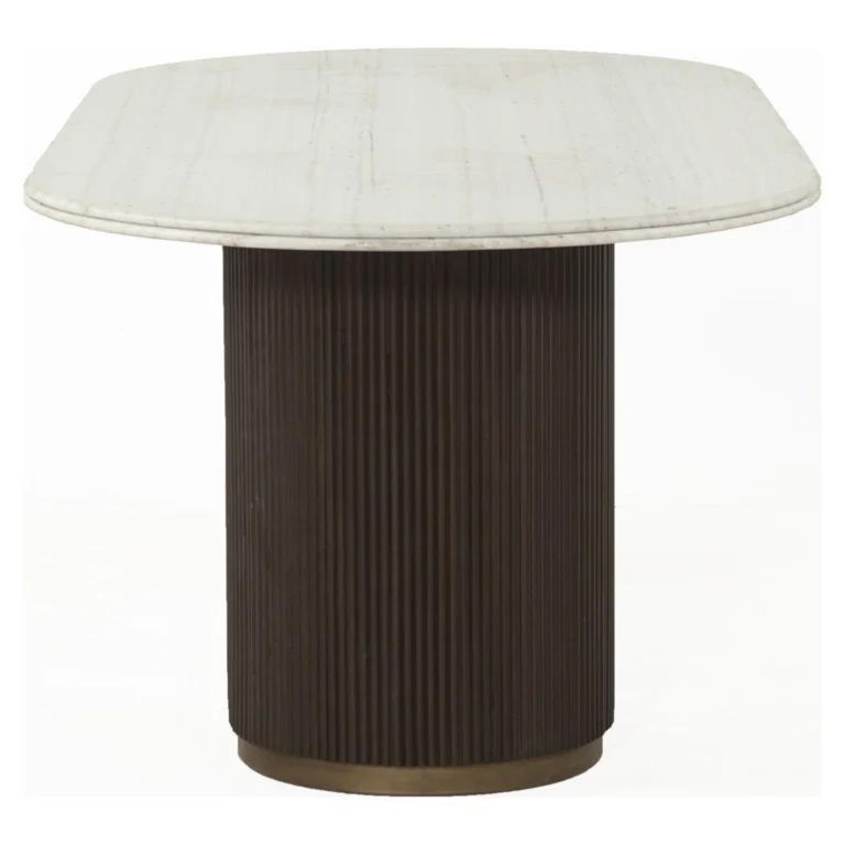Mayfield White Marble Top 8 Seater Oval Dining Table - Dark Wood Fluted Pedestal Base