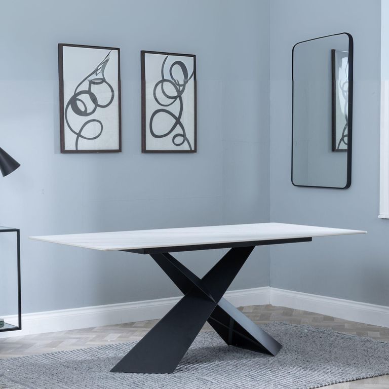 Merlin Dining Table - 6 Seater - 180cm - White Ceramic - Black Cross Base