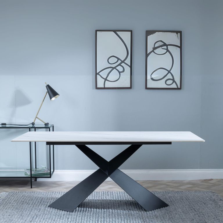Merlin Dining Table - 6 Seater - 180cm - White Ceramic - Black Cross Base