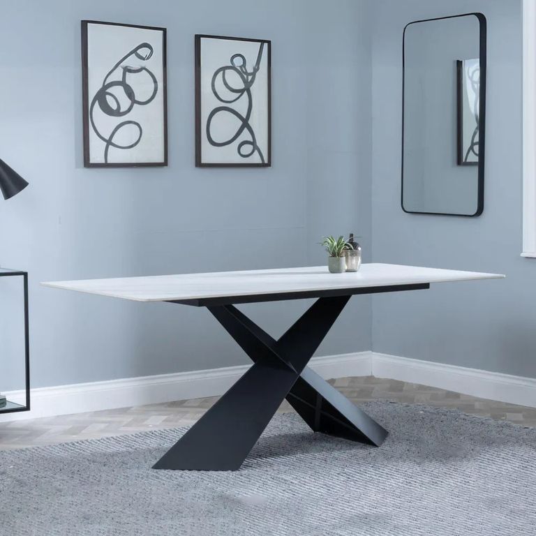 Merlin Dining Table - 6 Seater - 180cm - White Ceramic - Black Cross Base