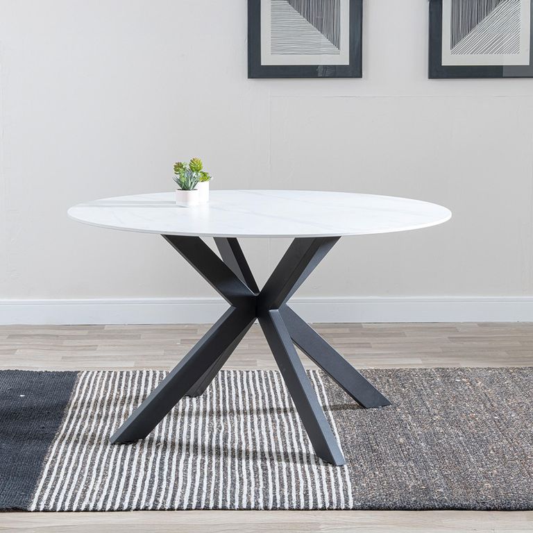 Novara Round Dining Table - 4 Seater - 130cm - White Ceramic - Black Star Base
