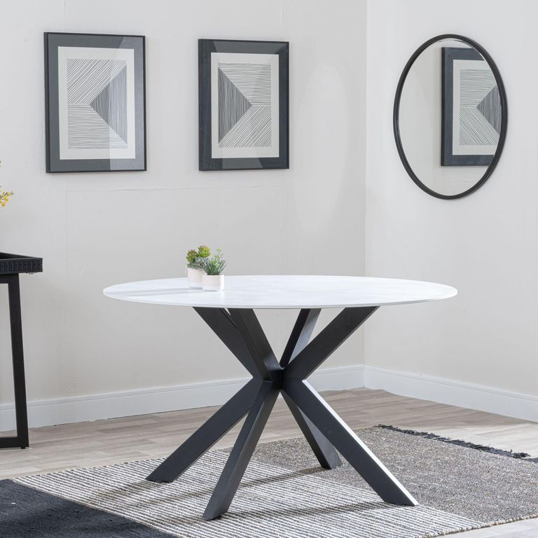 Novara Round Dining Table - 4 Seater - 130cm - White Ceramic - Black Star Base