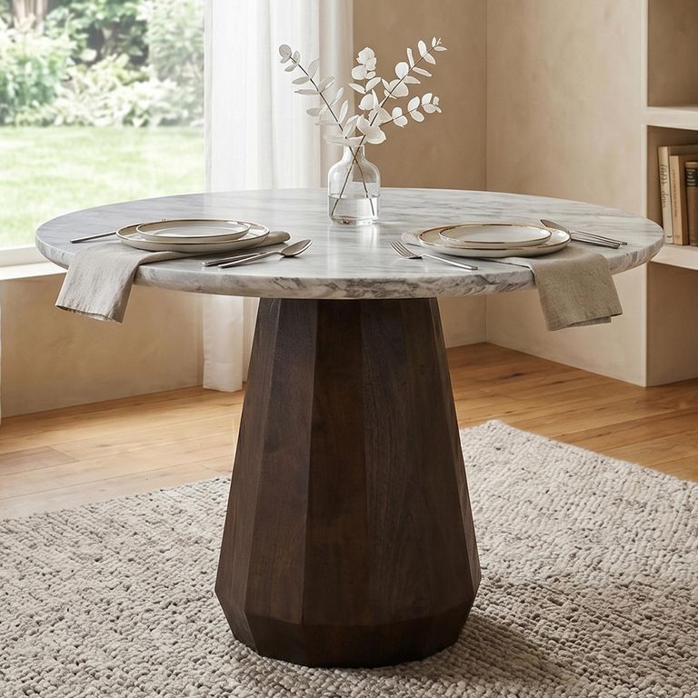 Oberoy Dining Table - 130cm - 6 Seater - Round - Blush Beige - Marble and Mango Wood