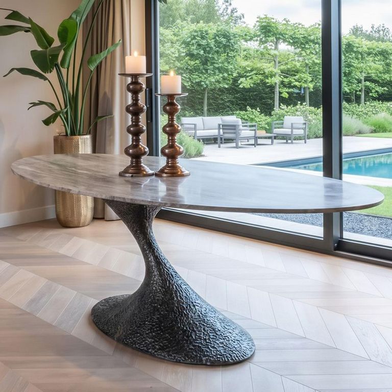 Russo Dining Table - 235cm - 10 Seater - Ellipse - Ash Brown - Travertine Top and Aluminum