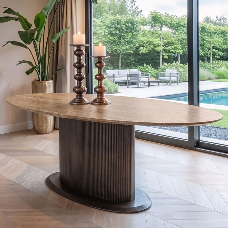 Russo Dining Table - 235cm - 10 Seater - Ellipse - Fluted Base - Ash Brown - Travertine Top