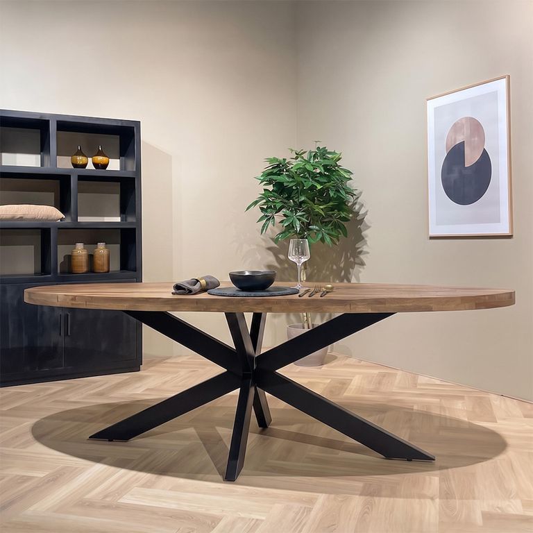 Sturdy Dining Table - 160cm - 6 Seater - Oval - Spider Legs - Natural - Mango Wood