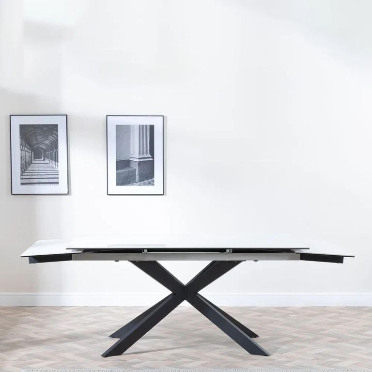 Clearance - Sutton 6-10 Seater White Ceramic Extending Dining Table with Black Star Base