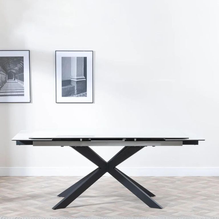 Clearance - Sutton 6-10 Seater White Ceramic Extending Dining Table with Black Star Base