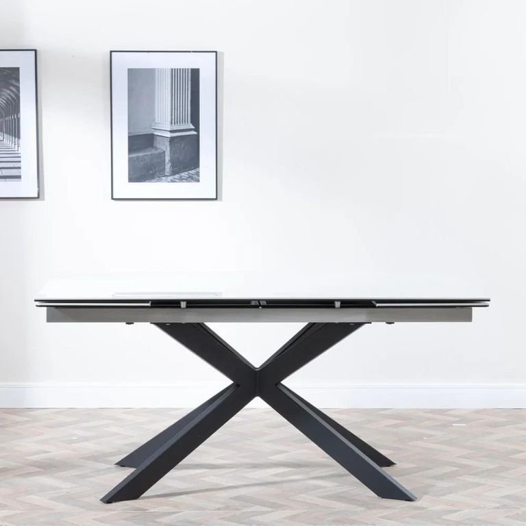 Clearance - Sutton 6-10 Seater White Ceramic Extending Dining Table with Black Star Base