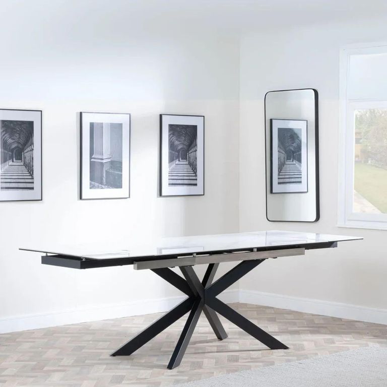 Clearance - Sutton 6-10 Seater White Ceramic Extending Dining Table with Black Star Base
