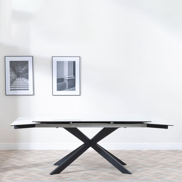 Sutton Dining Table - 4-8 Seater - 140cm-200cm - Extending - White Ceramic - Black Star Base