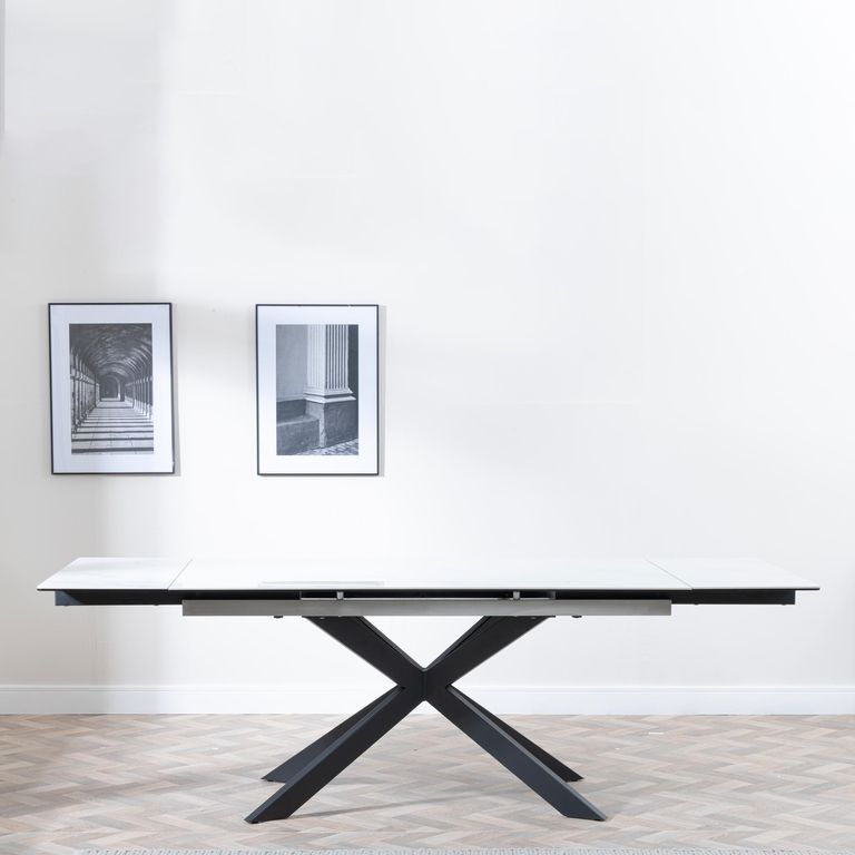 Sutton Dining Table - 4-8 Seater - 140cm-200cm - Extending - White Ceramic - Black Star Base