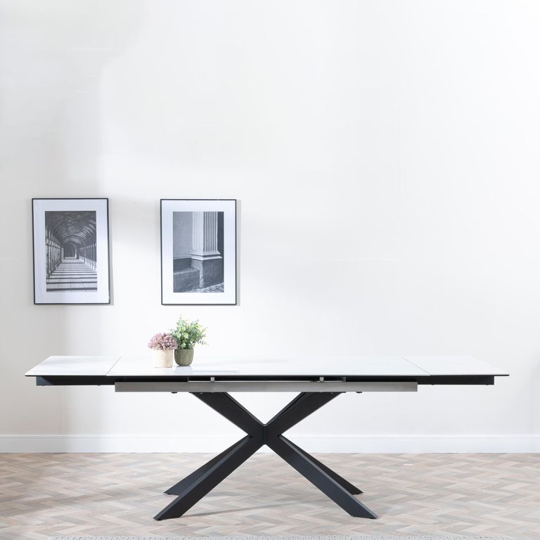 Sutton Dining Table - 4-8 Seater - 140cm-200cm - Extending - White Ceramic - Black Star Base