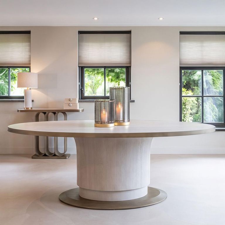 Tivoli Dining Table - 230cm - 10 Seater - Oval - Pedestal - with Gold Trim - White - Ceramic