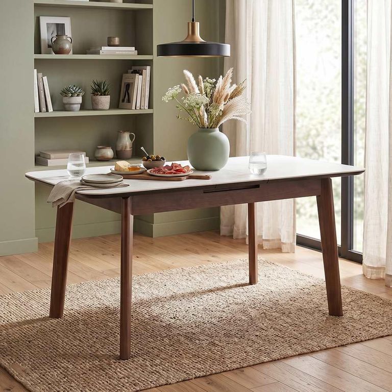 Turin Extending Dining Table - 130cm-160cm - 4-6 Seater - Off-White and Walnut - Sintered Stone Top